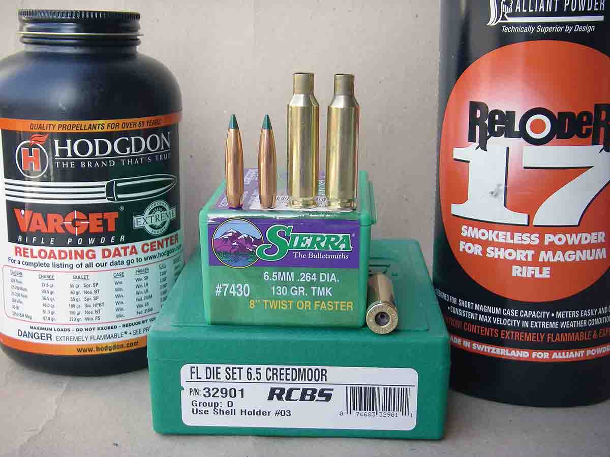 Hodgdon Varget and Alliant Reloder 17 are excellent choices for handloading the new Sierra 130-grain TMK bullet in the 6.5 Creedmoor.